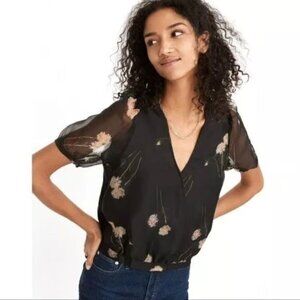 Madewell Black Floral Sheer V-Neck Blouse